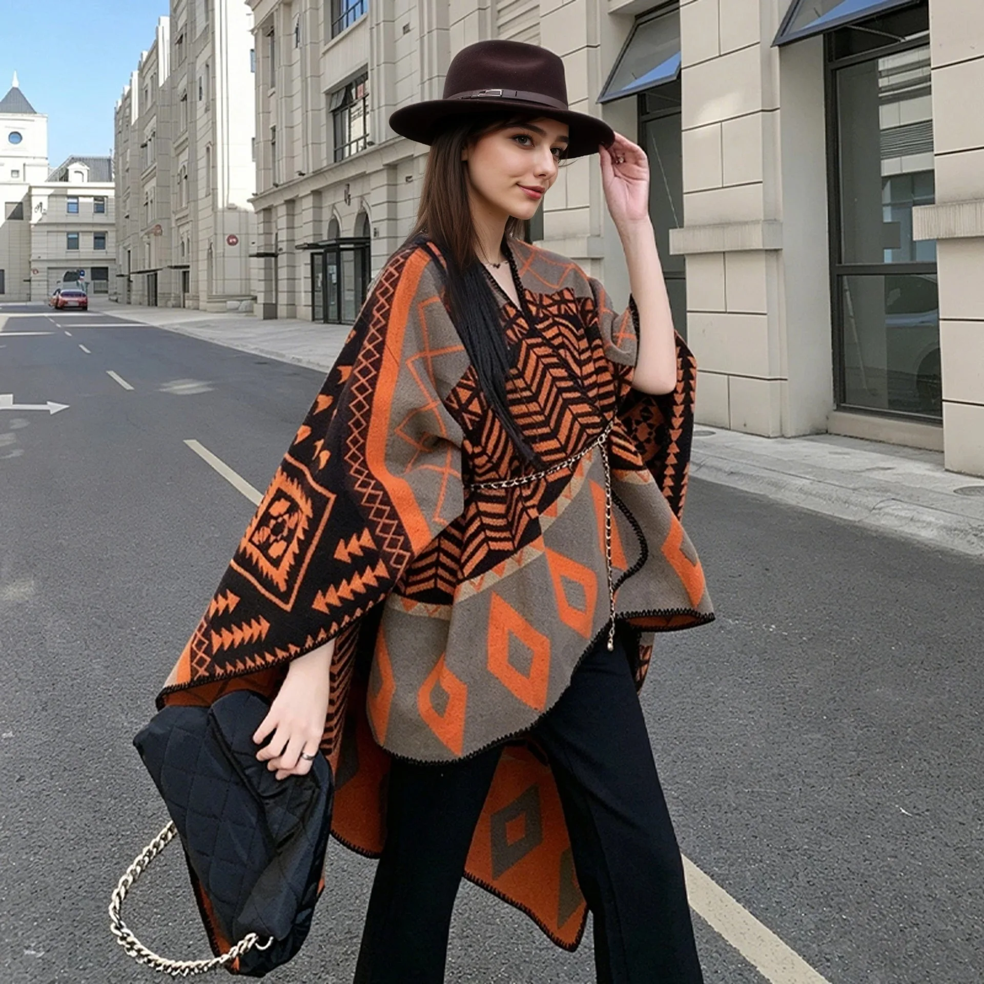 Autumn winter Poncho new warm European and American shawl woven geometric slit cape travel photography outfit cloak