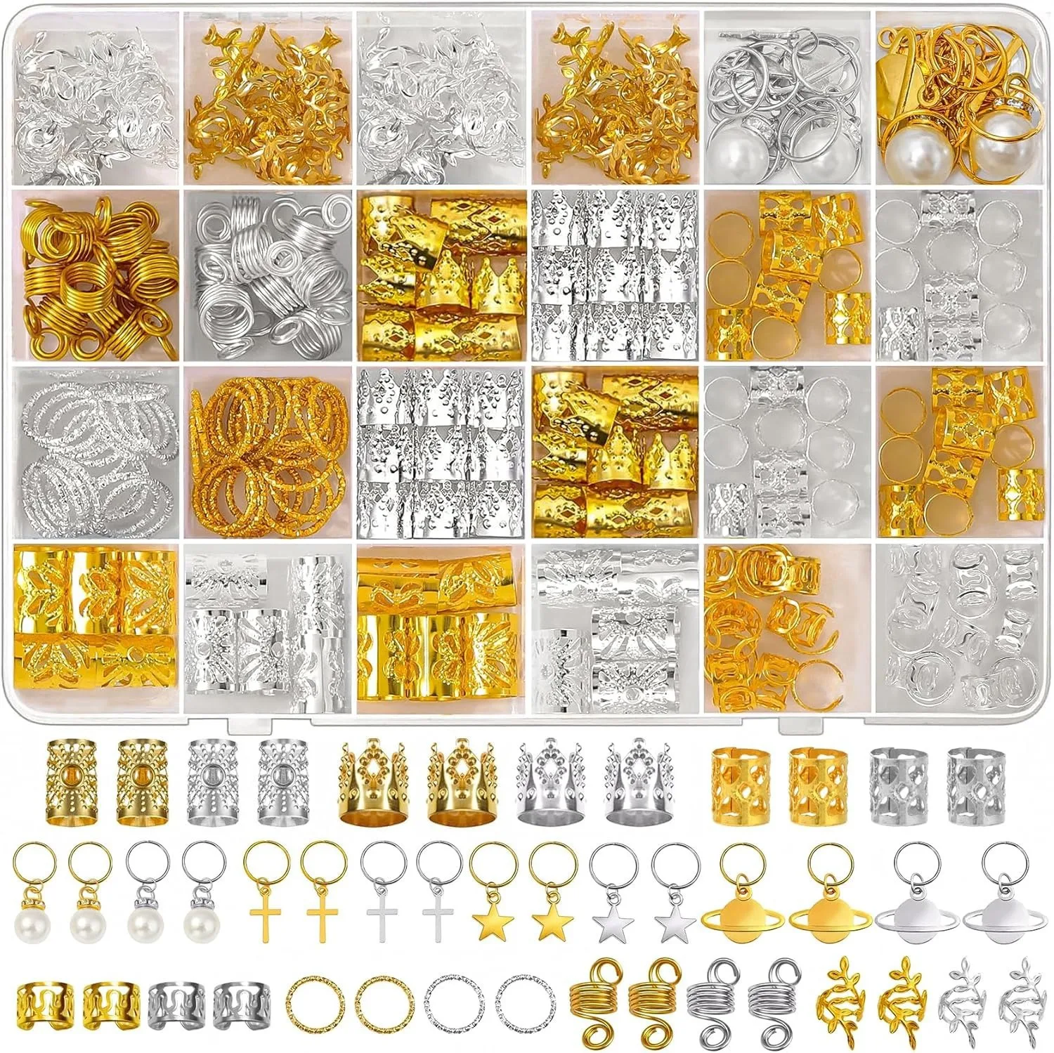 296pcs Dreadlock Hair Rings Gold Silver Electroplated Hollow Pearl Planet Shape Premium DIY Extension Set for Braid Headwear