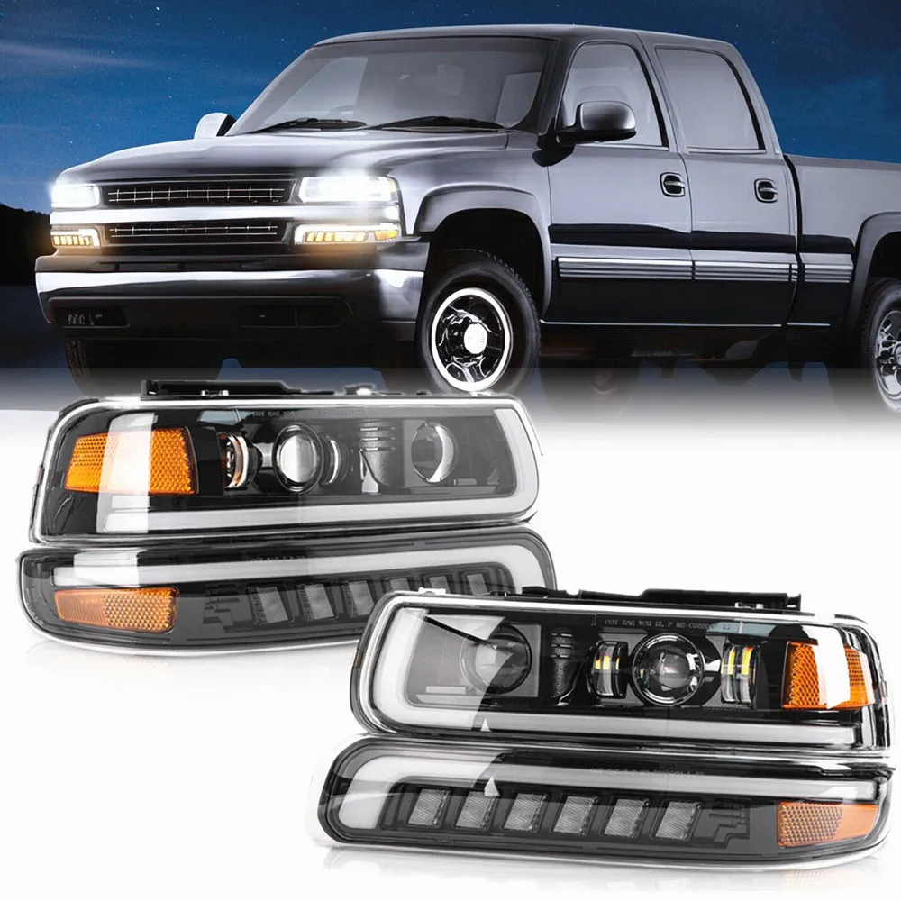 

4pc Modified LED Headlights Assembly For Chevy Chevrolet Silverado 1500 2500 3500 1999 2000 2001 2002 Suburban Tahoe 2000-2006