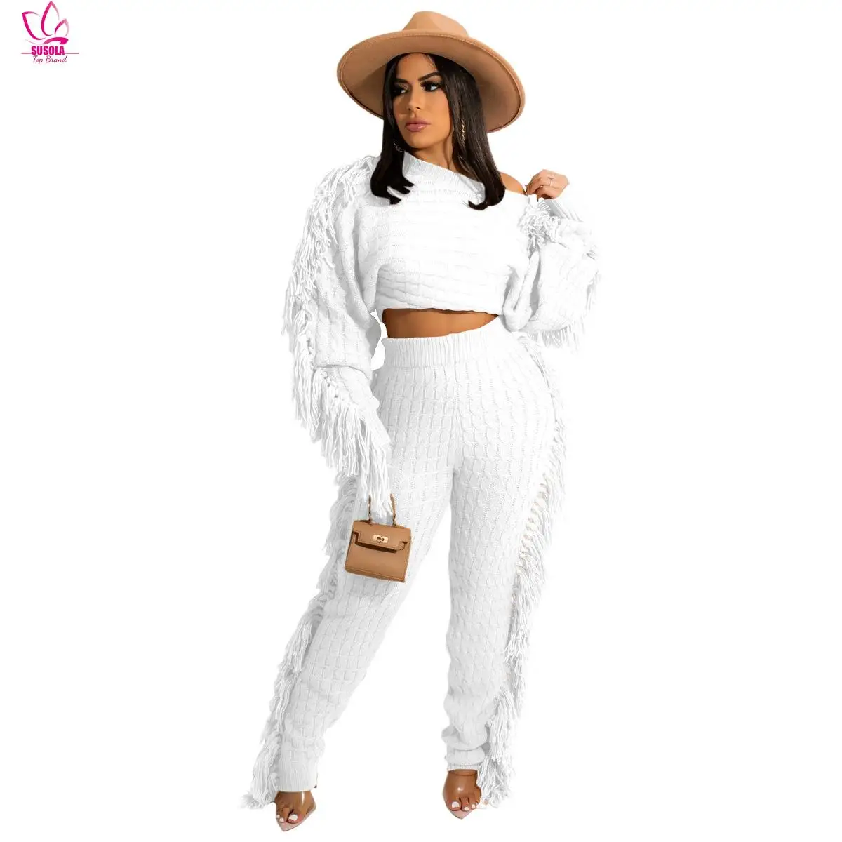 

SUSOLA Tassel Sweater Two Piece Set Lady Autumn Winter Women Solid Long Sleeve Crop Top And Pants Rib Knitted Suits Tracksuit