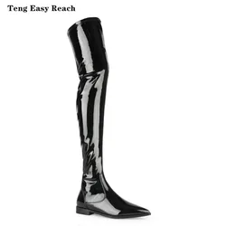 2025 New Cow Patent Leather Women Boots Black Over The Knee Boots Sexy Female Autumn Winter Lady Thigh High Boots 34-45