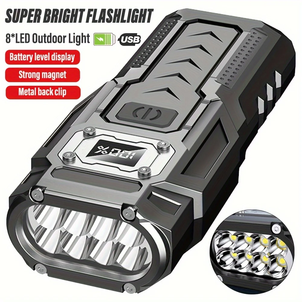 

Powerful 8 LEDs Flashlight Rechargeable Torch Portable Work Light Outdoor Camping Lamp with COB Side Lights Power Display Screen