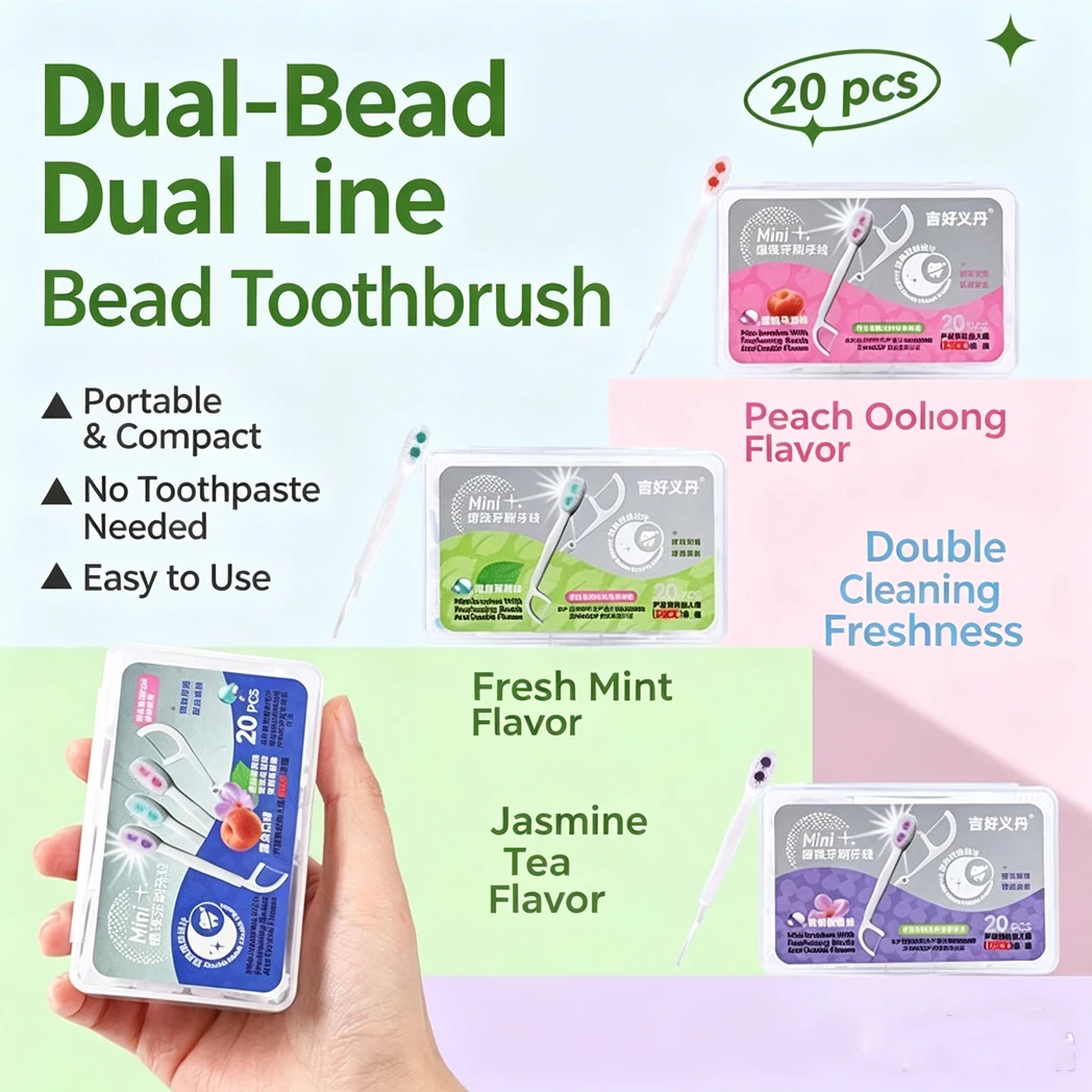 Jasmine Aroma Dual Fresh Bead Floss Toothbrush 20PCS Disposable, Portable Toothbrush No Water Needed for Outdoor Journeys Care