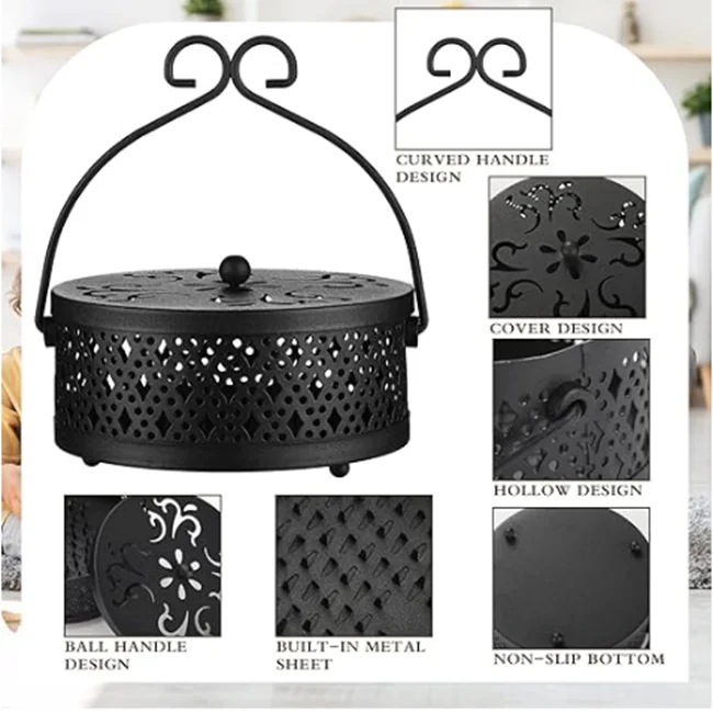 Incense Burner Mosquito Coil Box with Lid and Handle Hollow Retro Portable Round Anti-scalding Iron Mosquito Coil Tray Holder