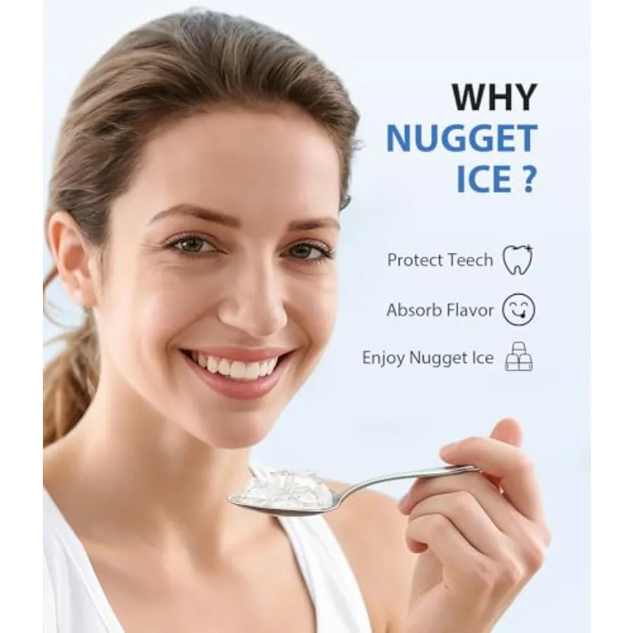 Countertop nugget ice maker for home/kitchen/office, stainless silver, 40lbs/day soft chewable crushed pellet ice, one-click op