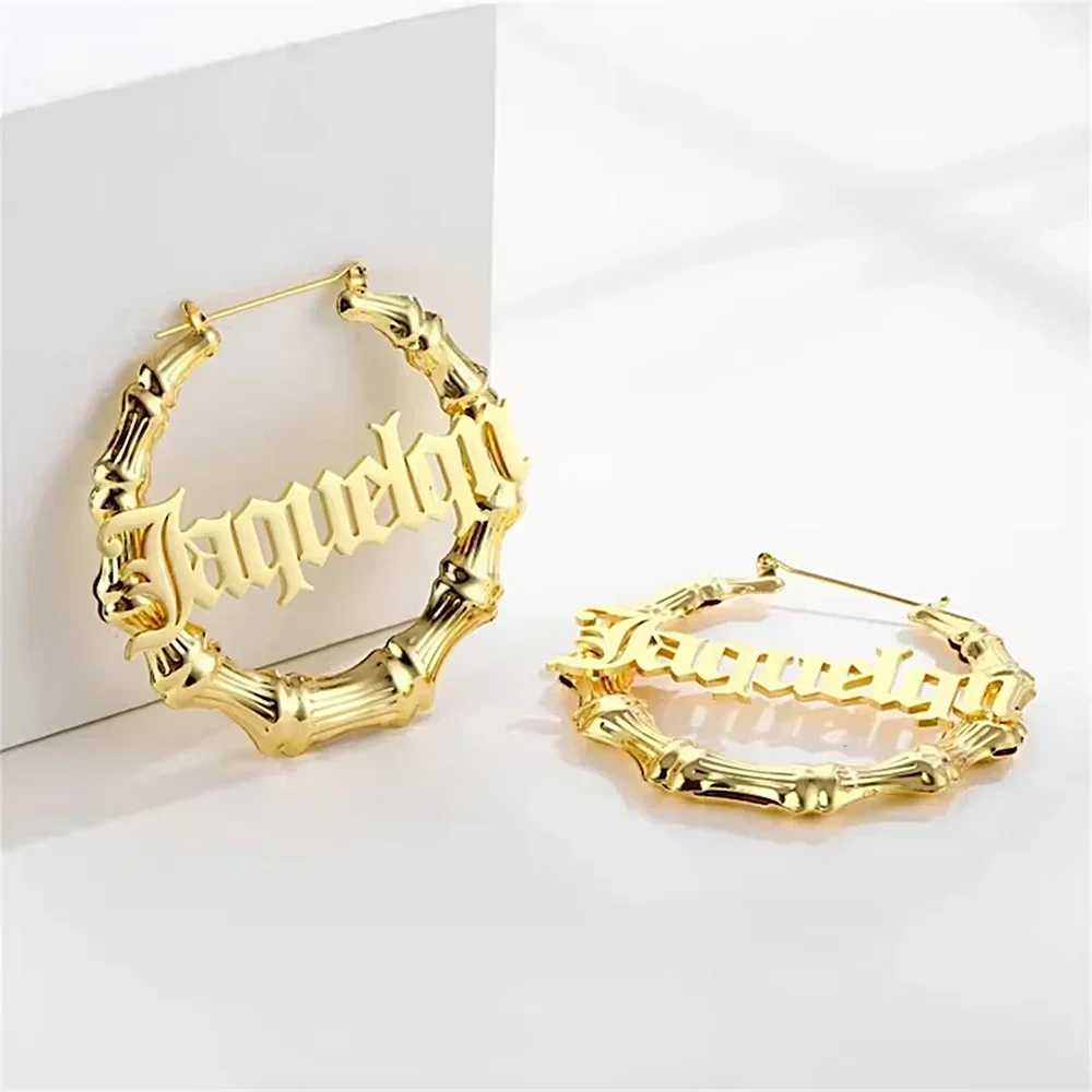 Custom Name Earrings Personalise 50mm 80mm 100mm Big Hoop Women Bamboo Shape Earring Stainless Steel Jewelry Gift for Girlfriend