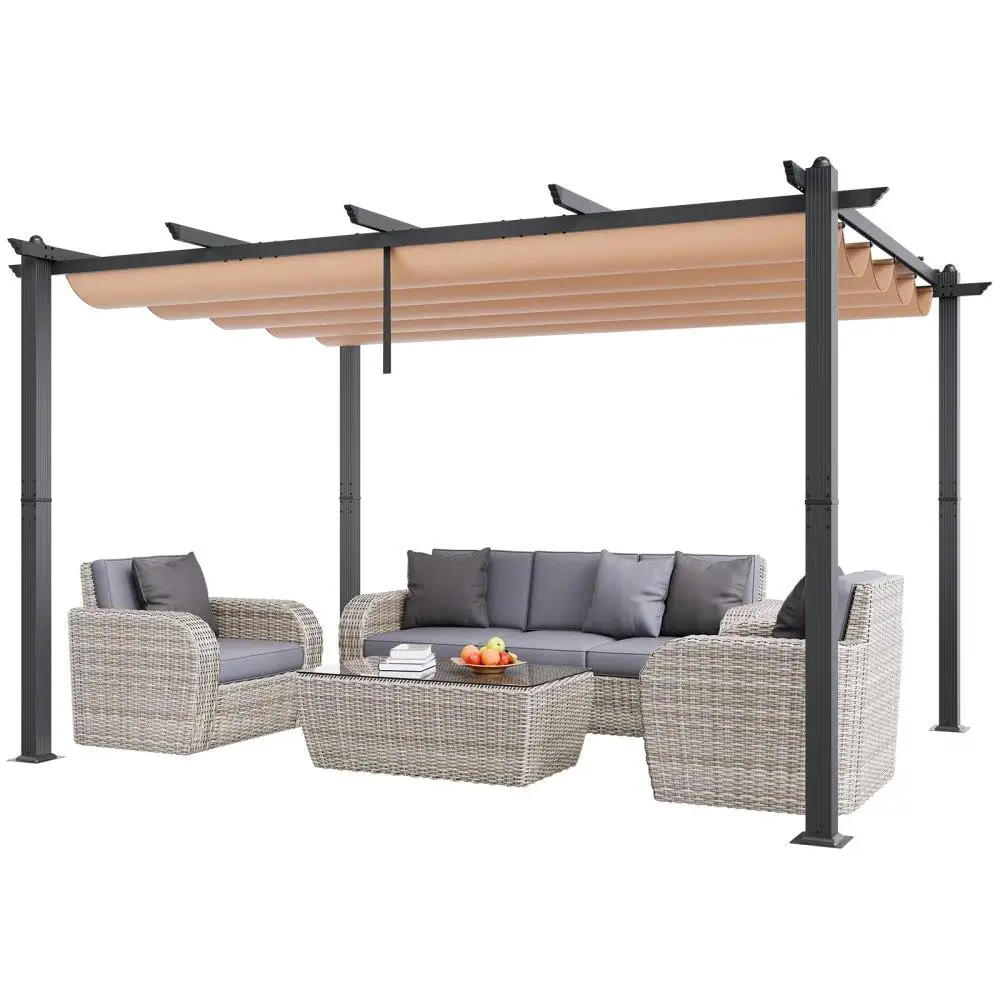 

Outdoor Retractable Pergola with Aluminum Canopy 10x13ft Beige Sun Shade Durable for Yard