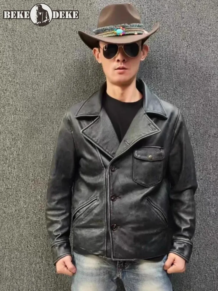 Italian Designer Vintage Mens Cowhide Genuine Leather Work Jacket Slim Fit Single Breasted Coats Windproof Motorcycle Jacket 5XL