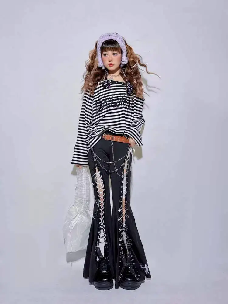 2026 New Black Flare Pants Women Tie Hollow Slim Fit American Style Fashion Unique High Waist Trousers Plus Size Curvy Figure