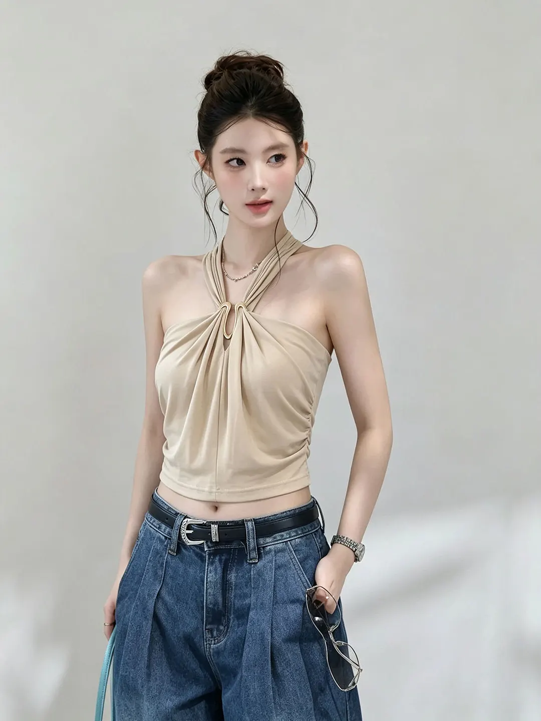  Heavy Metal Neck Hanging Strap Vest Women's Outerwear Sleeveless Top Elegant Ladylike Feel Polyester Fiber