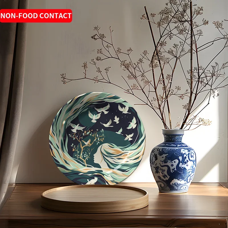 1pc Elegant Ceramic Decorative Plate - Serene Woman and Flying Birds Art Design, Non-Food Contact Wall Decor for Living Room,