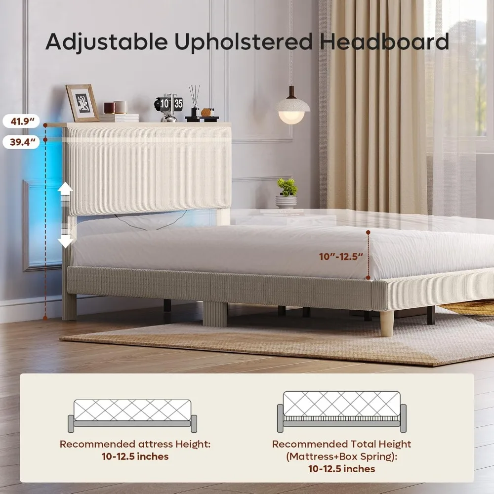 Queen Corduroy Upholstered Bed Frame with Adjustable Vertical Channel Tufted Headboard, LED Platform Bed with Storage Shelf