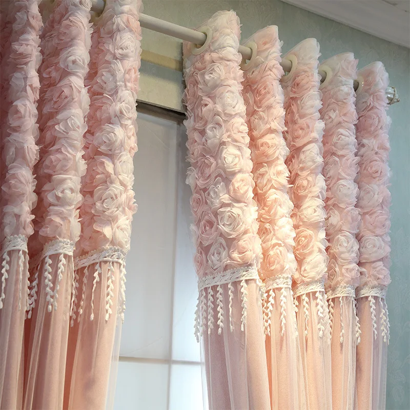 Pink Girl Princess Room Rose Yarn Lace Splice Curtains for Living Room Bedroom Balcony Customized Home Decoration Finish Product