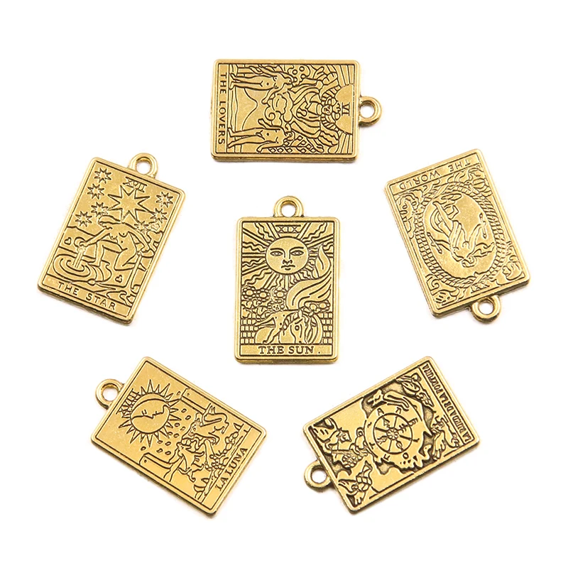 12 pz 14*23MM 6 stili oro antico Tag strega divinazione tarocchi placcato doppio lato ciondolo gioielli fai da te accessori fatti a mano