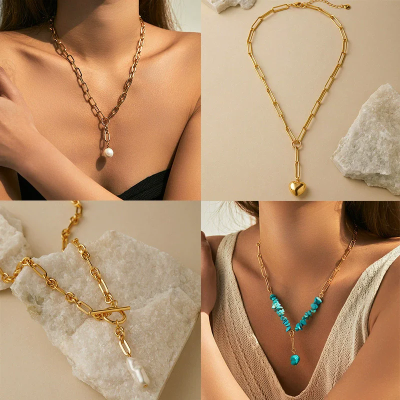 Classic Chain Stainless Steel Necklace Trendy Cuban Rectangular Chain Heart Ball shaped Pearl Charm Trendy Women's Gift Jewelry