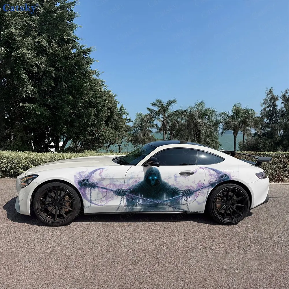 2pcs Gothic Skull Reaper Lightning Car Side Wraps, Self-Adhesive PVC Waterproof & Scratch-Resistant Stickers, Car Accessory Gift