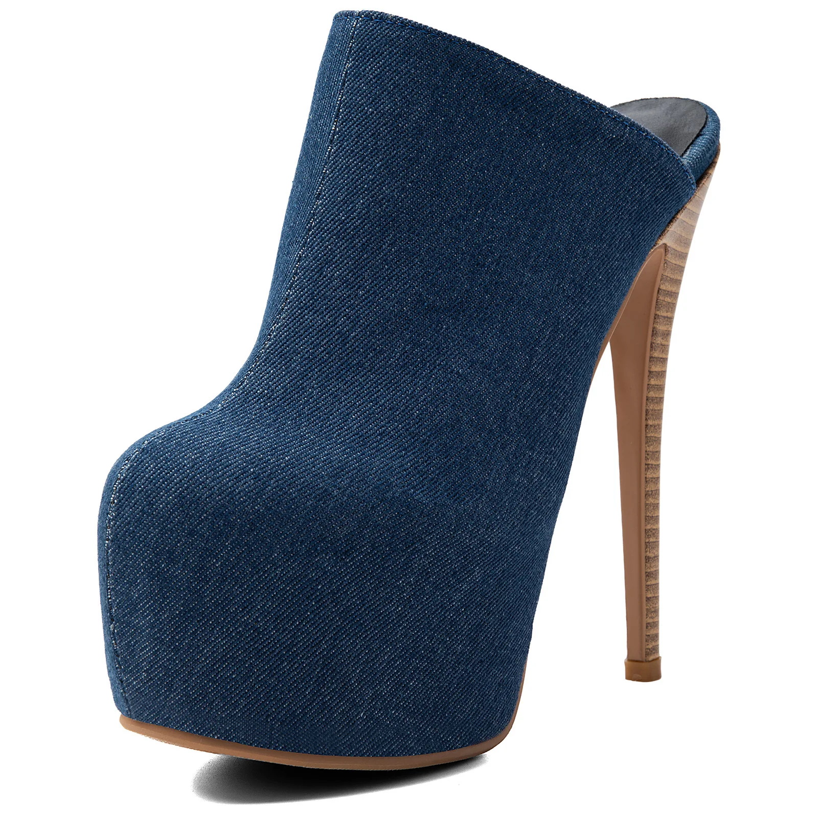 Ronticool Women Platform Mules High Heel Slippers Blue Denim Closed Toe SlipOn Wood Grain Stiletto Heel Party Street Shoes