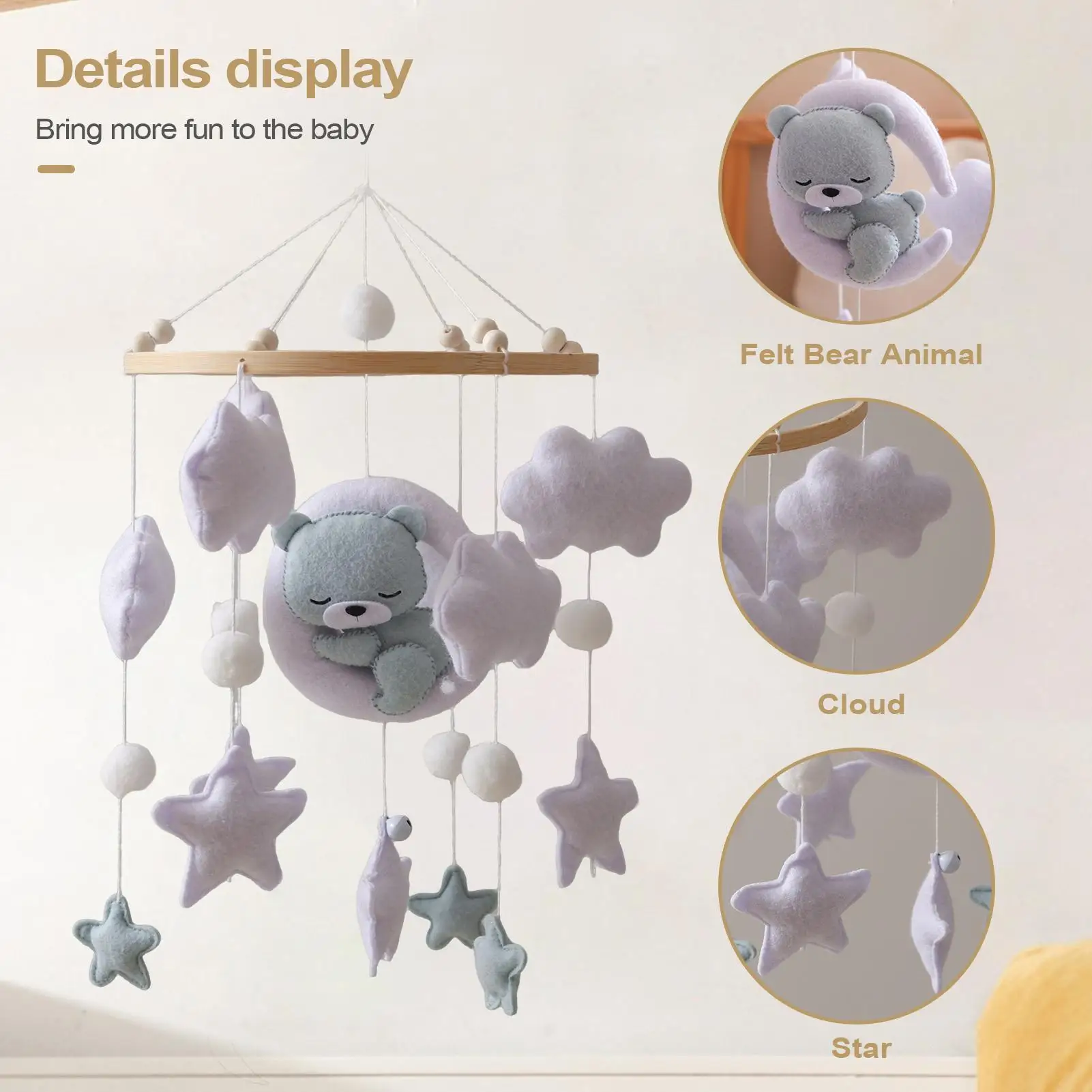 Baby Wooden Bed Bell Mobile Hanging Rattle Toys Cartoon Bear Cloudy Star Moon Newborn Hanger Crib Mobile Education Toys Gifts