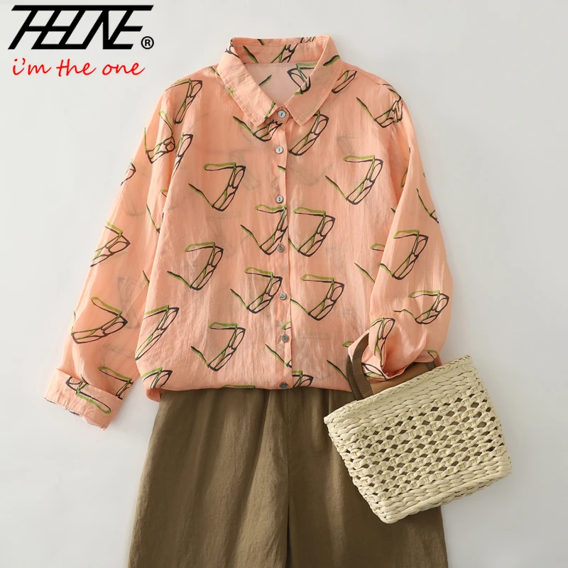 

THHONE Fashion Autumn Woman Blouse Cotton Linen Print Blusa Mujer Camisas Long Sleeve Casual Korean Elegant Women's Clothing