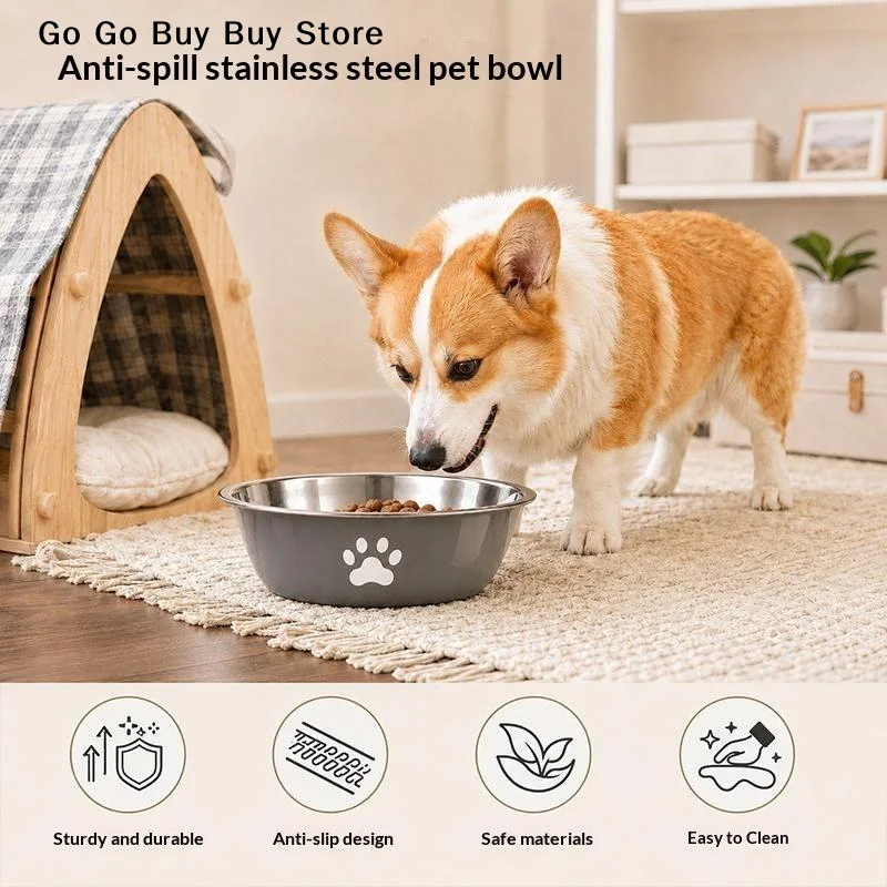【S】Stainless Steel Dog Basin Paw Print Pet Supplies Cat Bowl Dog Bowl Silicone Anti-Slip Design Pet Drinking Water Feeding Bowl