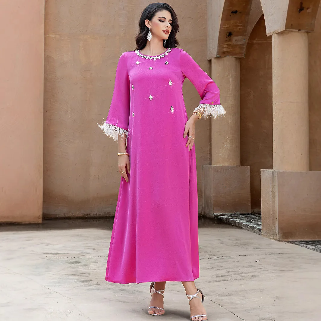 

Luxury Satin Abayas for Women Feather Diamonds Dubai Evening Party Dress Muslim Kaftan Eid Ramadan Islam Clothing Femme Vestidos