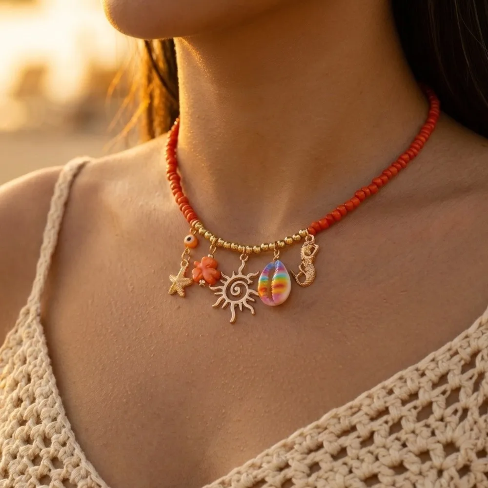 Fashion Starfish Shell Necklace Coral Bohemian Beads Necklaces Jewelry Sun Pendant Choker Women's Jewelry