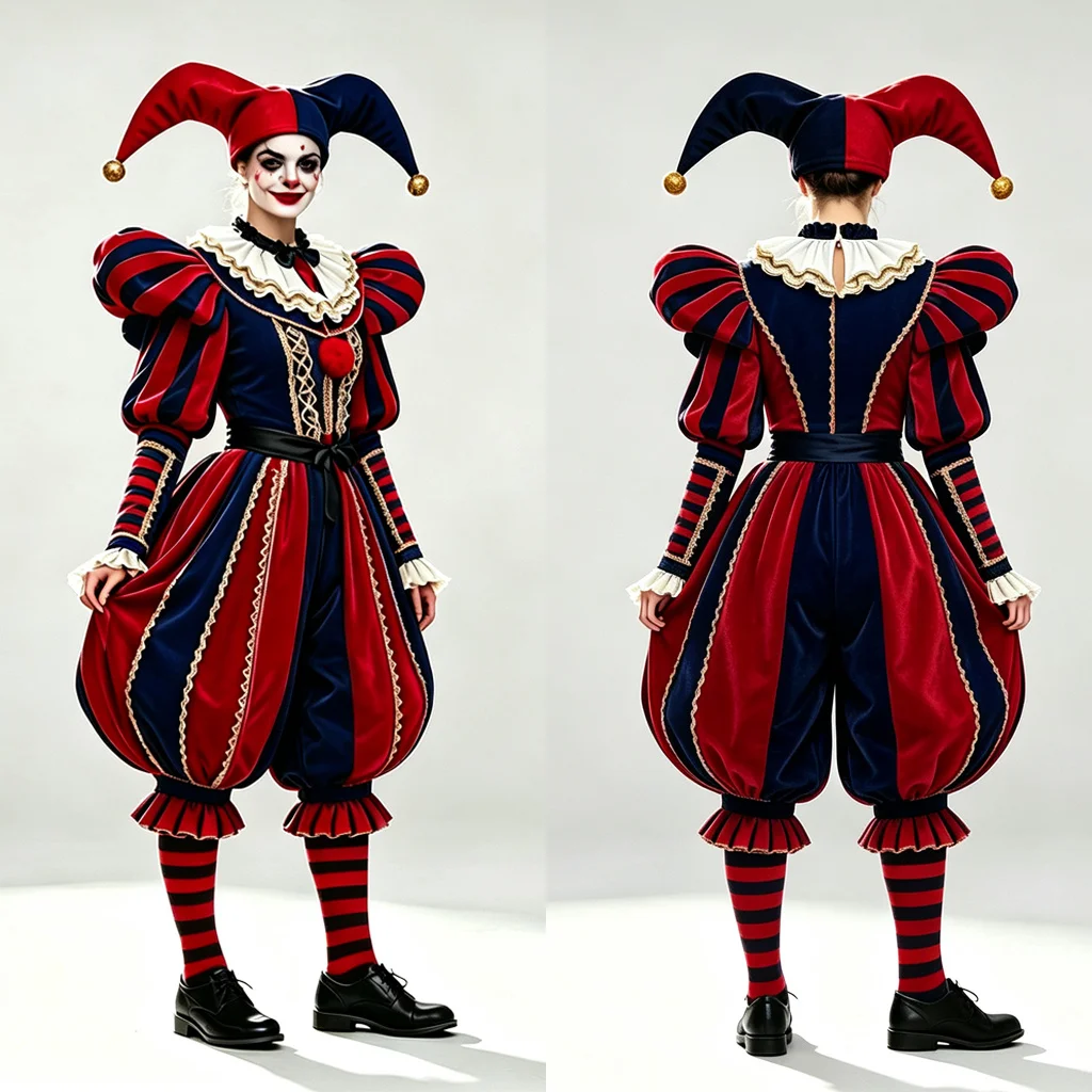 Mittelalterliches Harlekain-Narrenkostüm für Damen und Herren, Rot-Blaue Samt-Clown-Uniform, Venedig Karneval Halloween Faschingskostüm