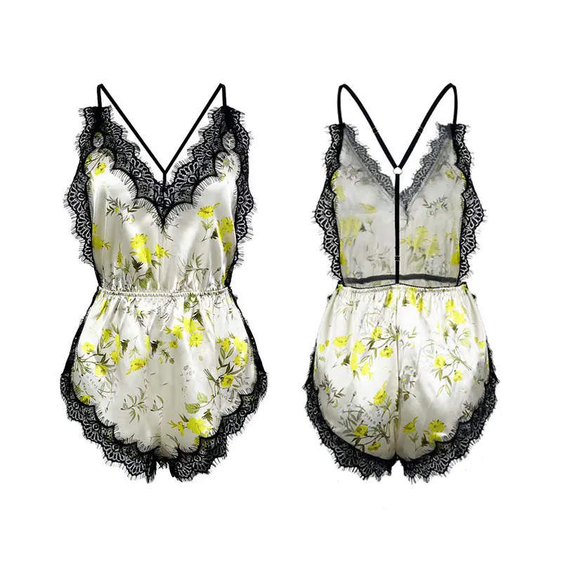 Sexy Damen-Nachtwäsche: Verführerisches Camisole-Shorts-Set, Einteiliges Eisseide-Nachthemd, Einfarbig oder Bedruckt, V-Ausschnitt Loungewear