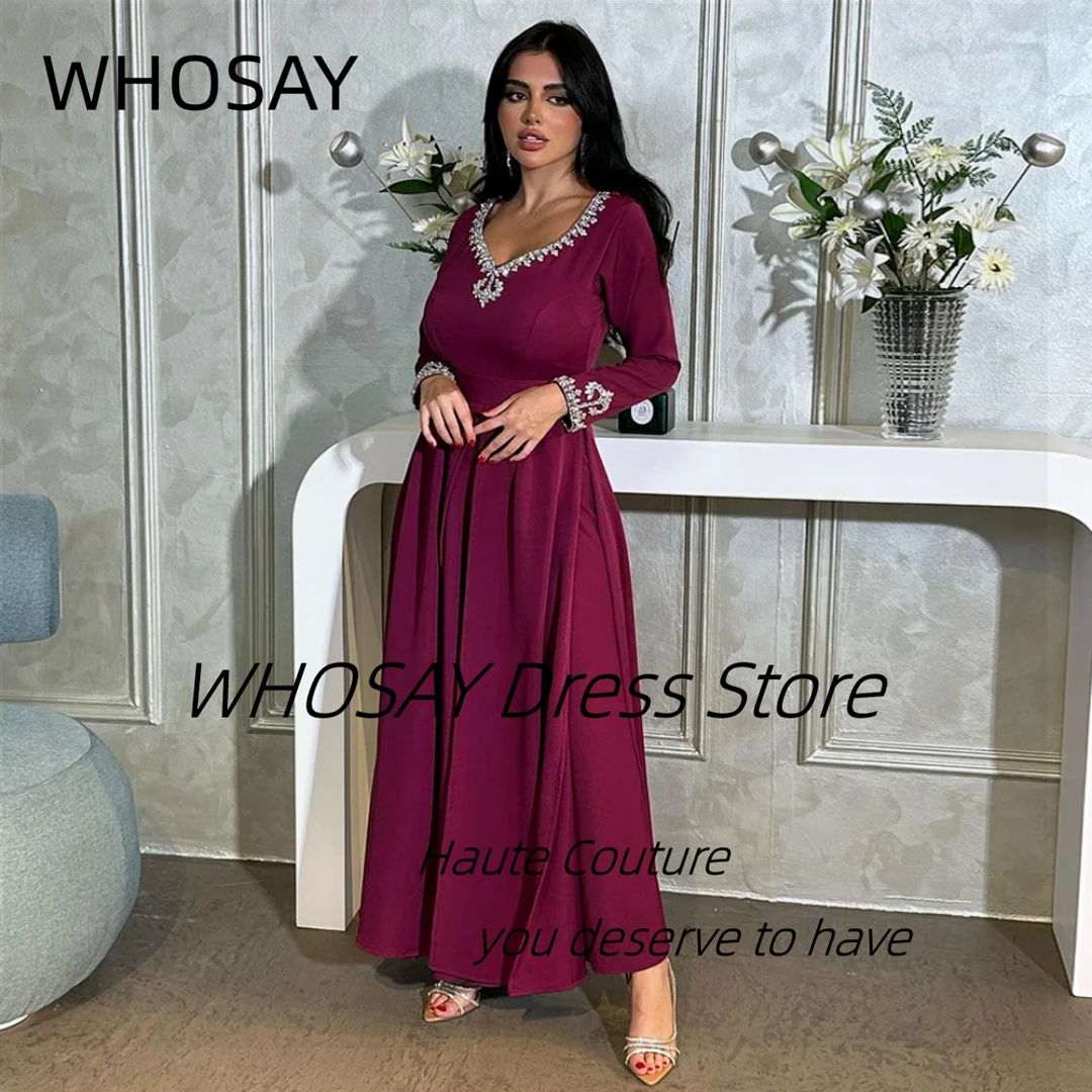 WHOSAY Elegant Evening Dresses Crystals Long Sleeves Robe De Marrige Ankle Length Birthday Party Saudi Arabia Women Evening Gown