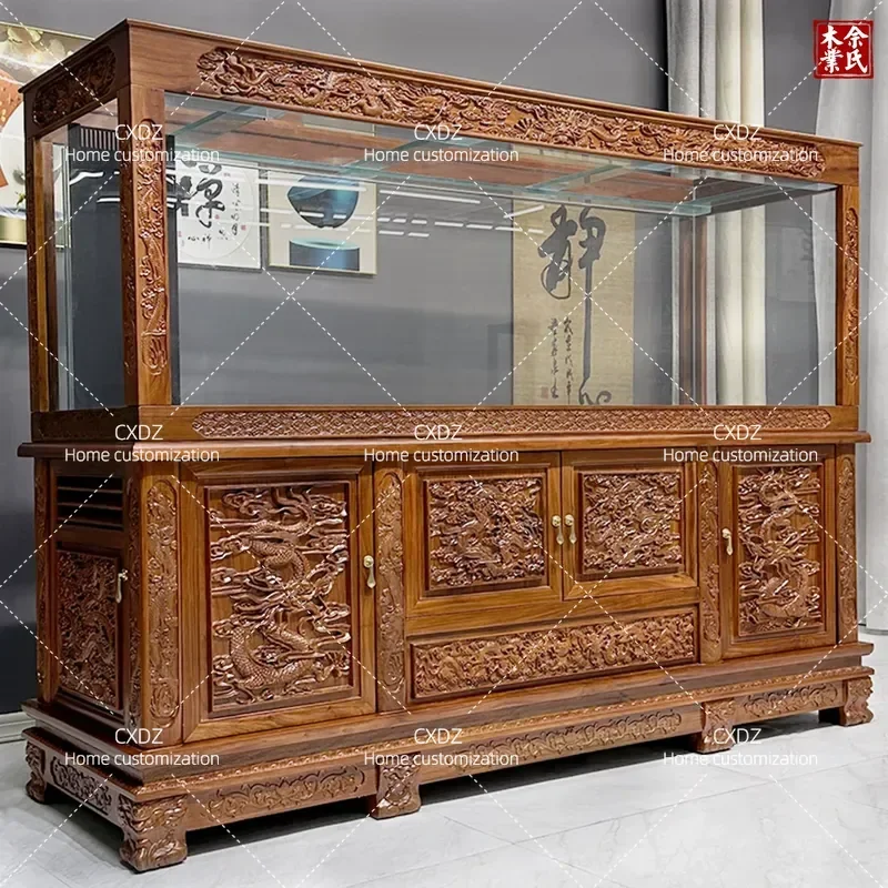 Custom Solid Wood Aquarium Cabinet Rosewood Deep Carving Medium Large Fish Tank Stand Ultra White Glass Dragon Fish Tank Base
