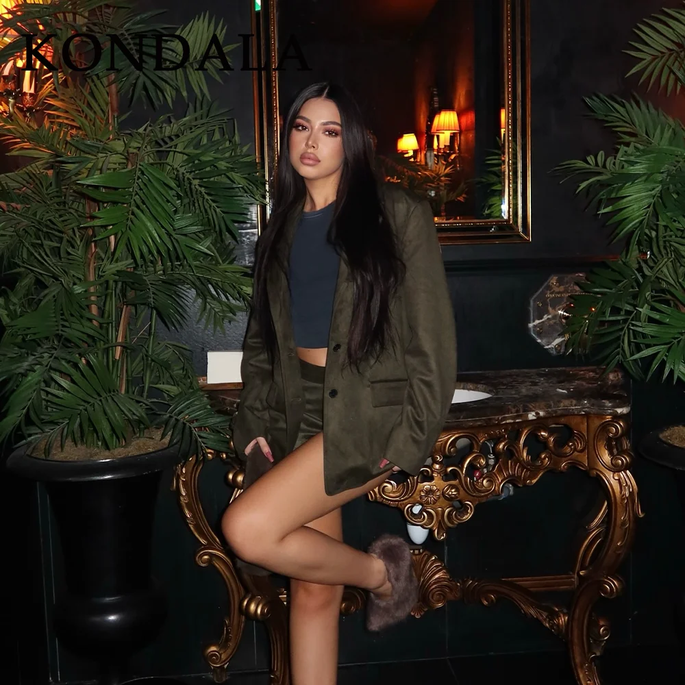 

KONDALA 2025 Fall Winter Suede Green Office Lady Suits Fashion Elegant Single Breasted Christmas Women Blazers Chic Shorts