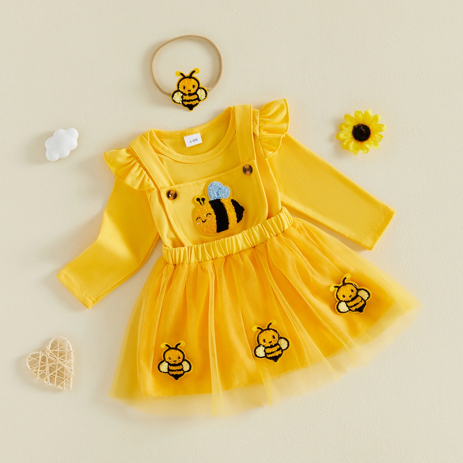 Baby Girls Fall Outfit Romper Bee Embroidery Suspender Mesh Skirt Headband Halloween Costume 3pcs