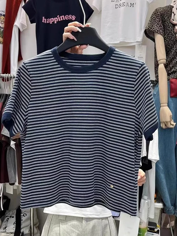

Praised to the ! Unbeatable Sle! Korean Stripe ort Sve T-irt Women's Faionable Versatile Youthful Loose Top
