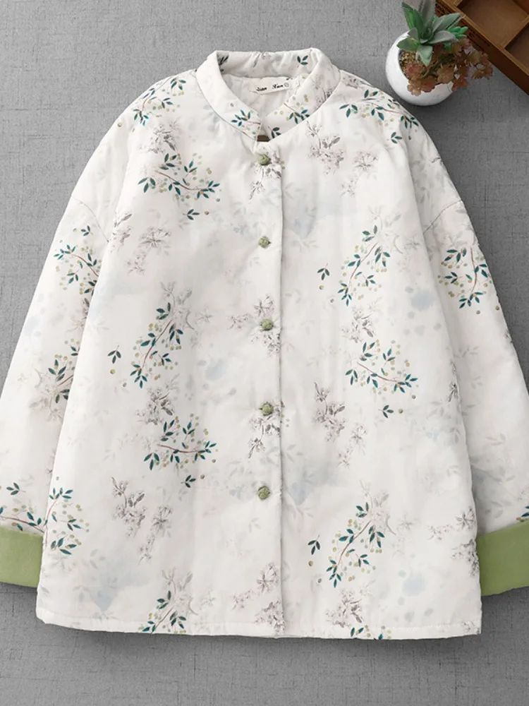 Retro Floral Print Thickened Cotton Jacket Women's Winter High-End Cotton Padded Warm Stand Collar Chinese Style Button up Coat