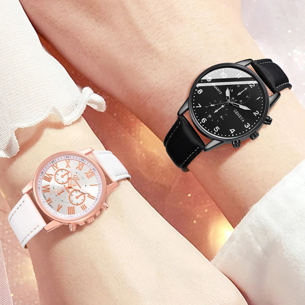 4 Piece Quartz Watch Set For Couples Black And White Fashionable Temperament Leather Strap Watch Gift Watch Bracelet Accessories