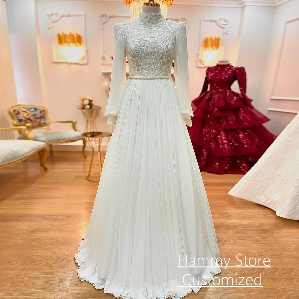 Robe de mariée en mousseline de soie perlée pour femme, manches bouffantes personnalisées, col haut, ligne A, robe de patients islamiques, robes de mariage