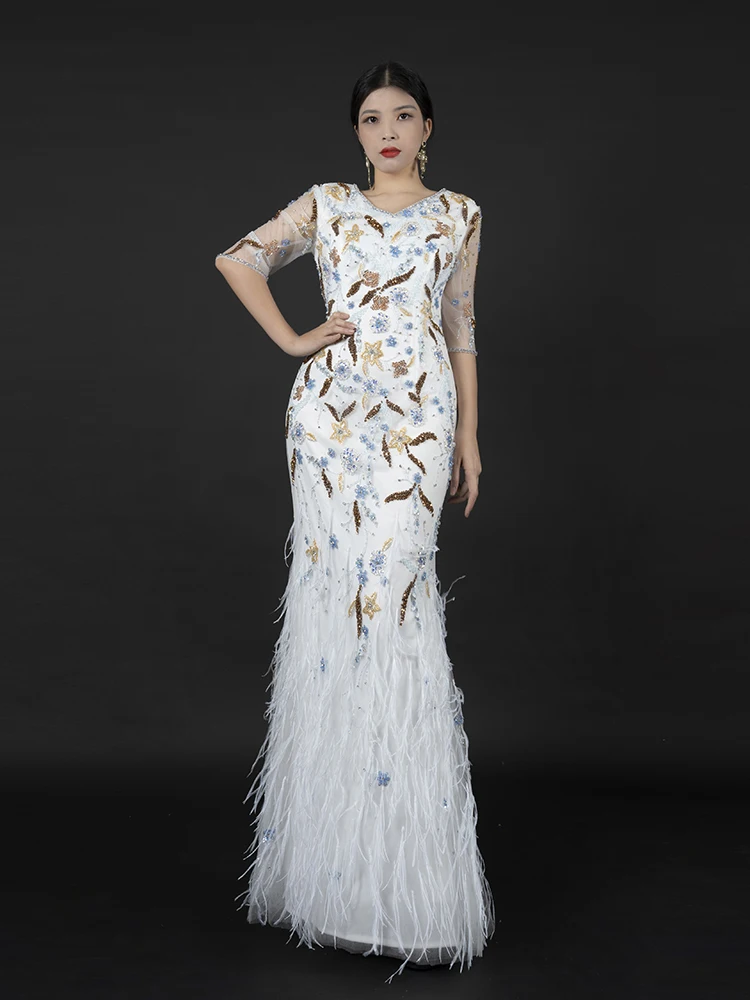 

Hand Beading Embroidery Evening Dress For Women Custom Mermaid Gown Mother Plus Size With Feather Design M227