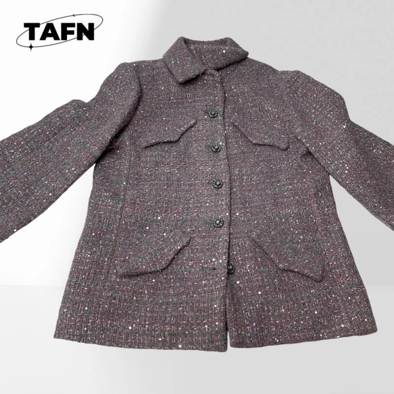 Silk Women Tweed Blazer Jacket Sequin Glitter Lapel Collar Button Front Long Sleeve Flap Pockets Elegant Office  BH1626