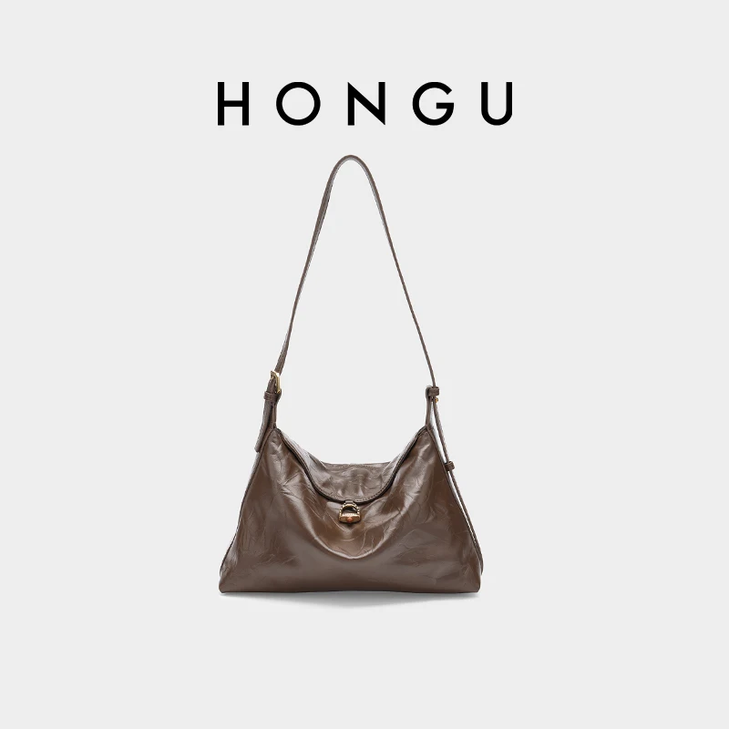 

HONGU Woman Handbag Classic Luxury High-end Cowhide Shoulder Bag Casual Solid Durable Large-capacity Hobo Bag for Women H5147053