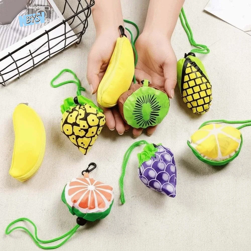 

5 pcs Cartoon Shopping Bag with Pendant Large Capacity Multi-functional Eco-friendly Folding Pouch Fruits Design Polyester