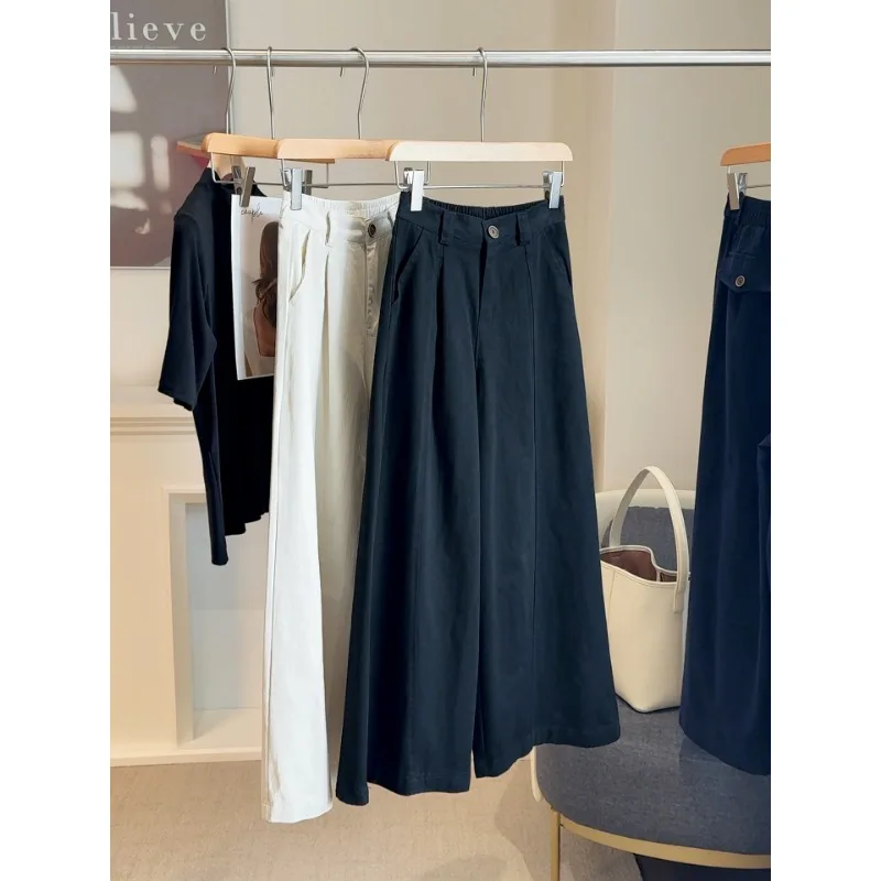 레트로 엘라스틱 하이웨이스트 워시드 코튼 여성 와이드 레그 팬츠 여성 루즈 캐주얼 솔리드 여성 스트레이트 레그 팬츠