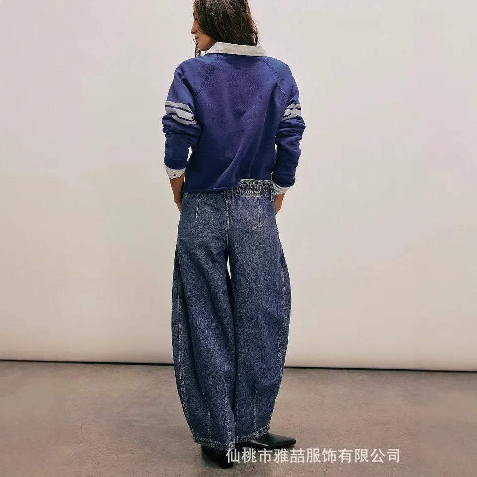 Women's New Spring Fashion Drawstring Low-rise Denim Straight Leg Pants. Casual, Vintage Loose and Comfortable Tube Jeans Women