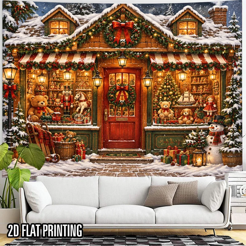 Christmas Toy Shop Tapestry, Snowman, Gift, Xmas House Scene Wall Hanging for Bedroom, Living Room, Dorm, Home Wall Decor