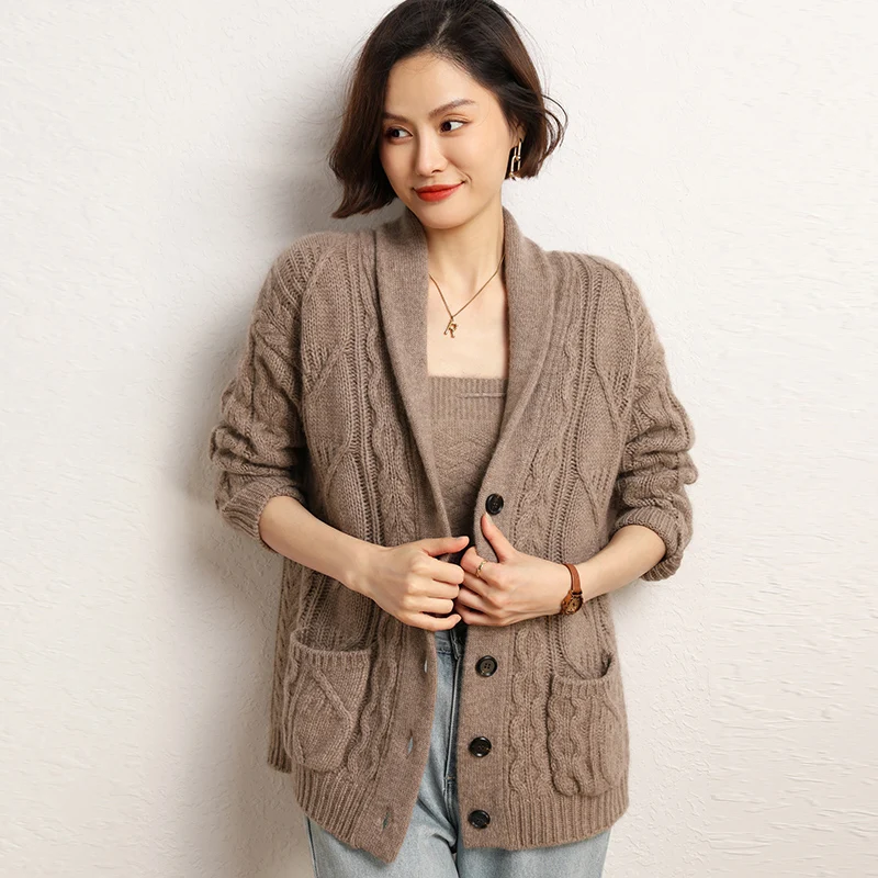 2023 Autumn Winter New 100% Cashmere Cardigan Knitted Sweater Women\'s Loose Large Size Cardigans Female Solid Thicken Warm Coat