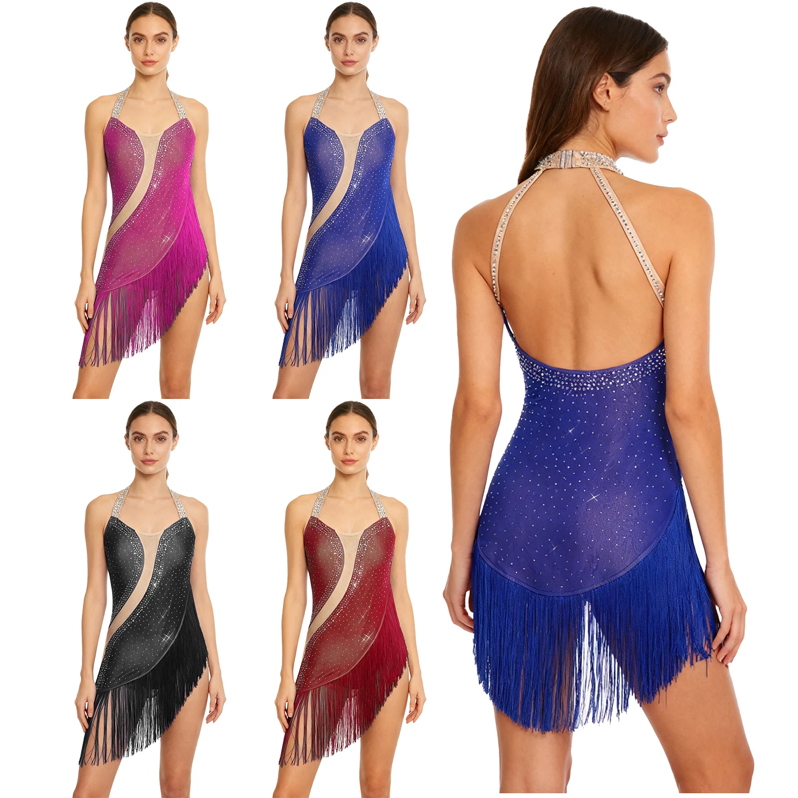 المرأة غنائية تشا تشا اللاتينية أداء الرقص فستان الرسن عارية الذراعين الترتر بذلة ل التانغو تشا تشا اللاتينية السامبا ملابس رقص #5