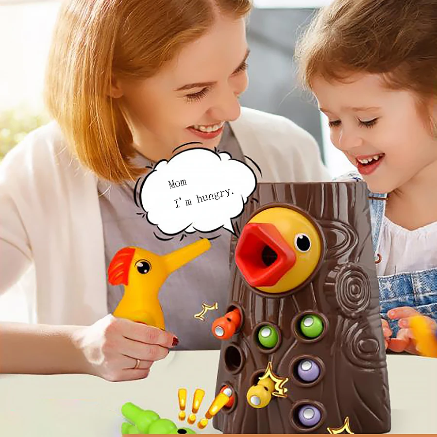 Children\'s woodpecker toy puzzle early education fishing bug game magnetic birds catch bugs parent-child interaction