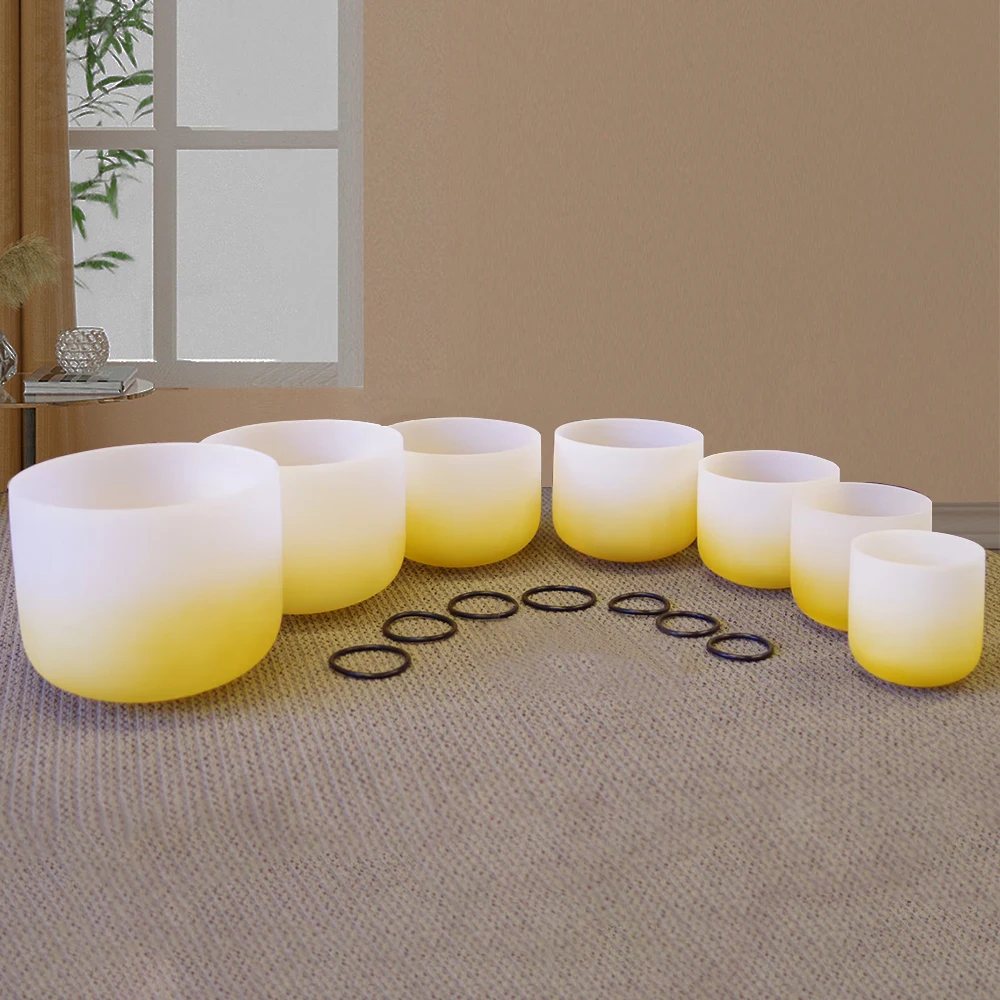 

Hye-eun 6-12 Inch Crystal Singing Bowl Set 7pcs Chakra Yellow Quartz Sound Bowls With Canvas Bag and Suede Sticks Mallet