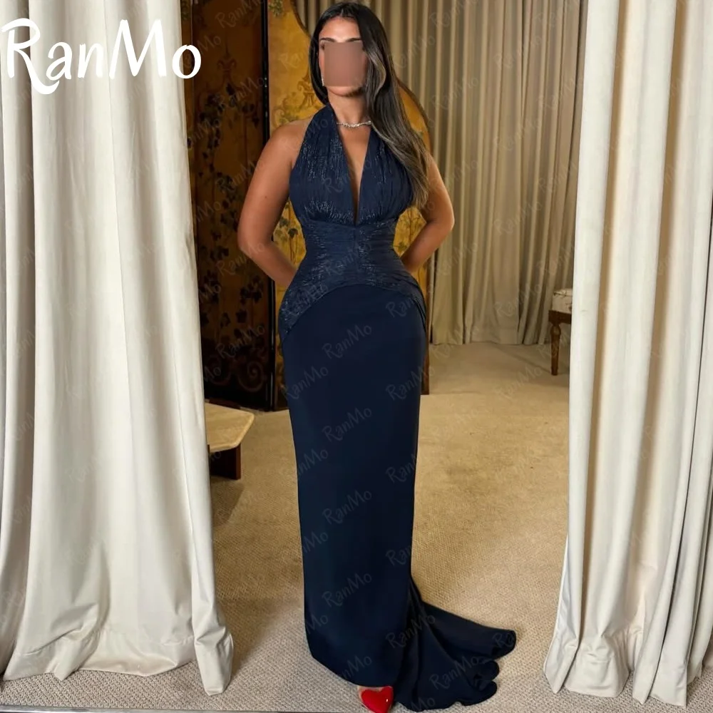 

Ranmo Elegant Sheath Navy Blue Evening Dress Halter Pleat Evening Gown Crystals Pleat Floor Length Formal Party Dress Customized