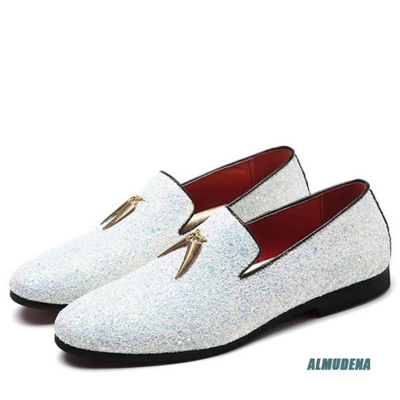 White Glitter Round Toe Slip-On Loafers Men's Gold Metal Ornament Street Style Fashion Evening Party Formal Dress Casual Shoes