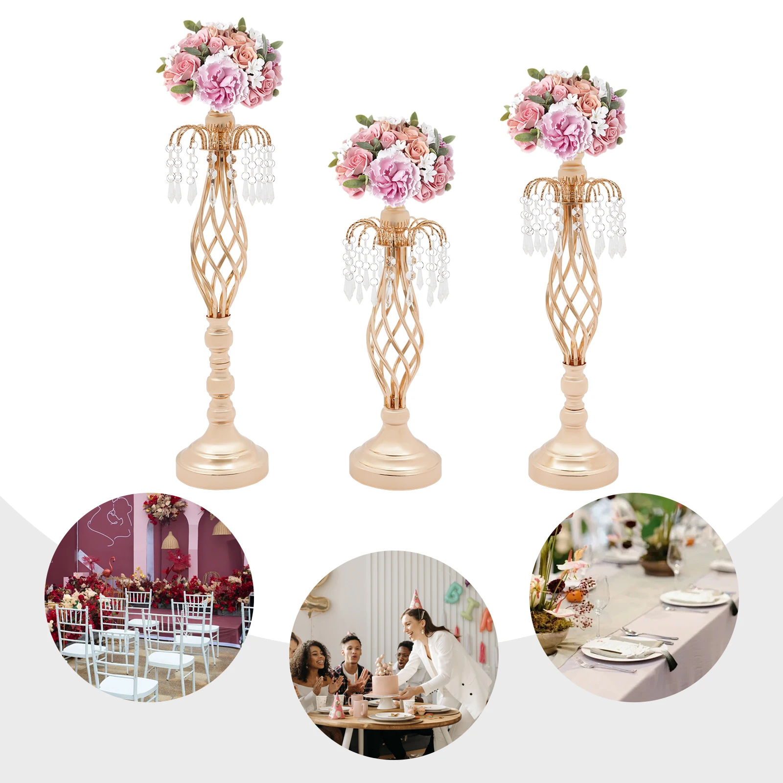 

3-Piece Crystal Flower Stand Birthday Party Vase Holiday Gift for Wedding Christmas Home Bar Cafe Gold (54cm/47cm/40cm Height)